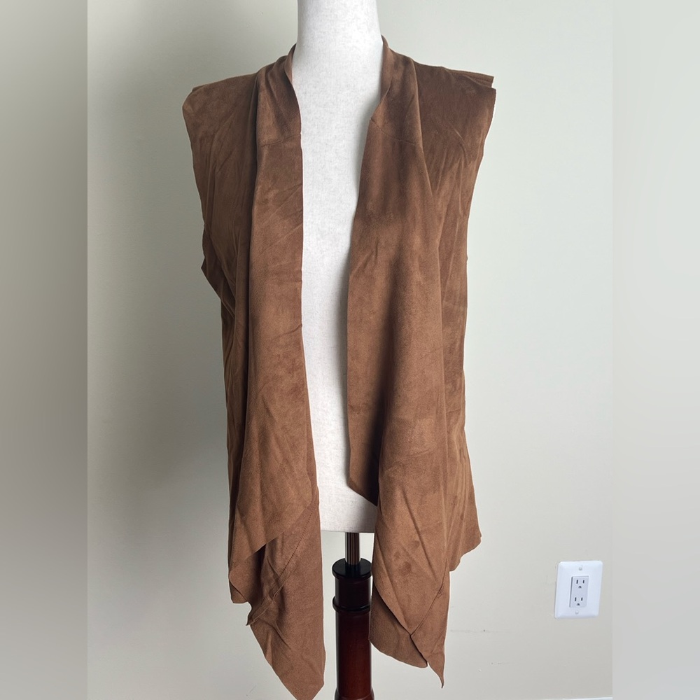 Brown Faux Suede Draped Open Front Vest Waterfall Boho Layering Size L